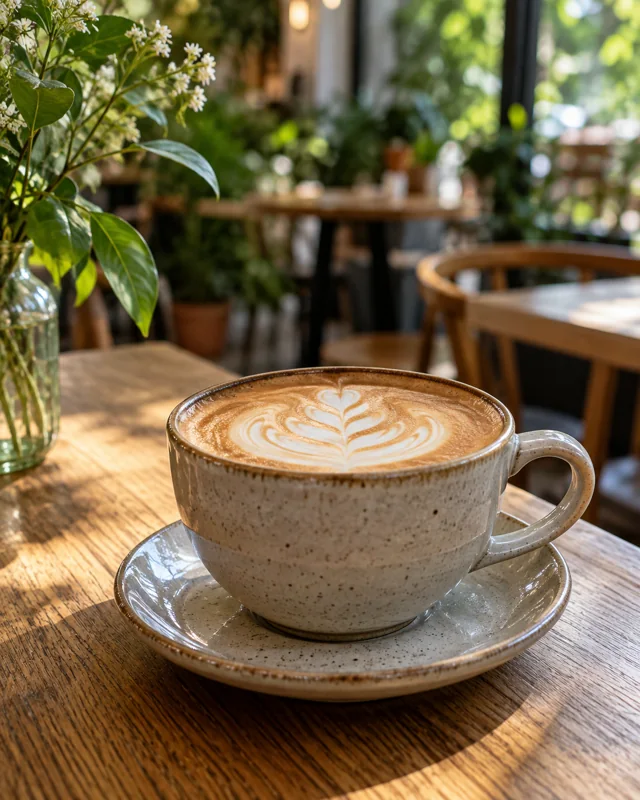 Cappuccino in a ceramic cup on an oak café table