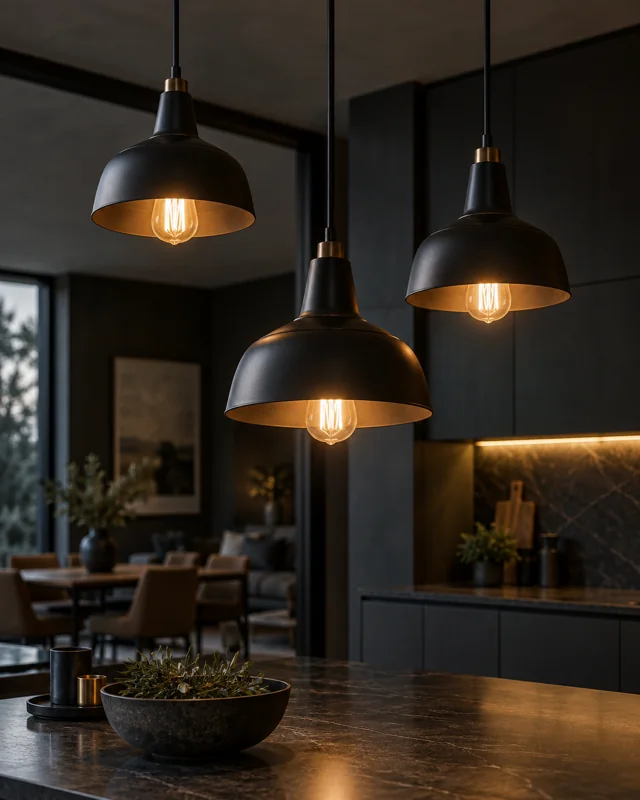 Black pendant lights casting warm light in a contemporary interior